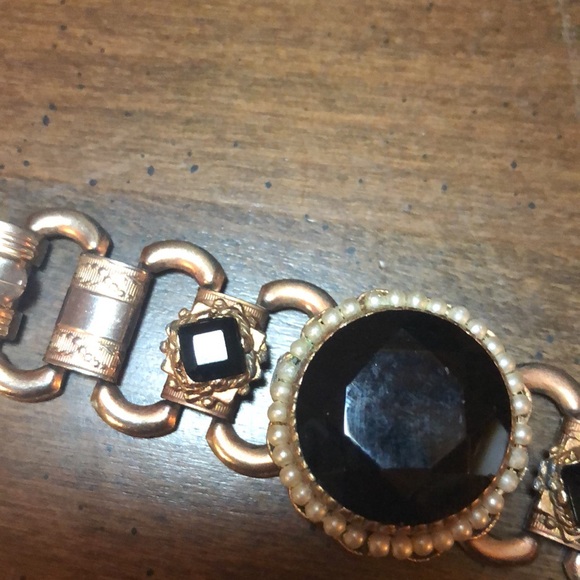 Vintage Jet Black Art Glass Rhinestone and Faux Pearl Bracelet - Picture 13 of 13